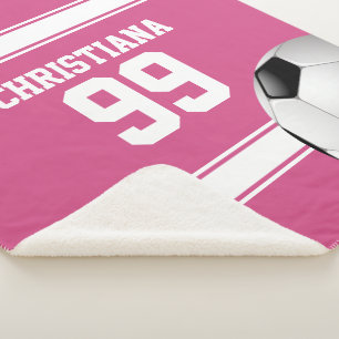 Cranberry pink and White Stripes Soccer Ball Sherpa Blanket
