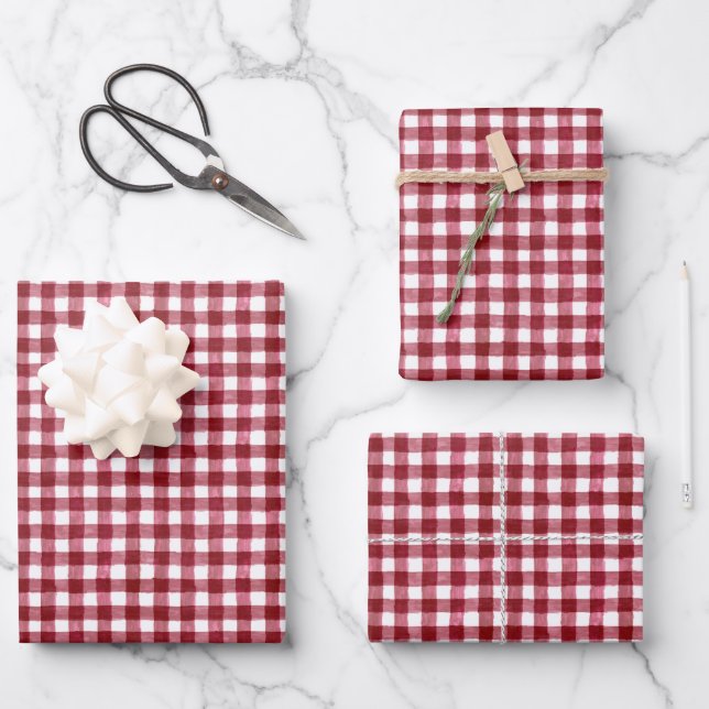 Cranberry Plaid Wrapping Paper Flat Sheet Set of 3 (Front)