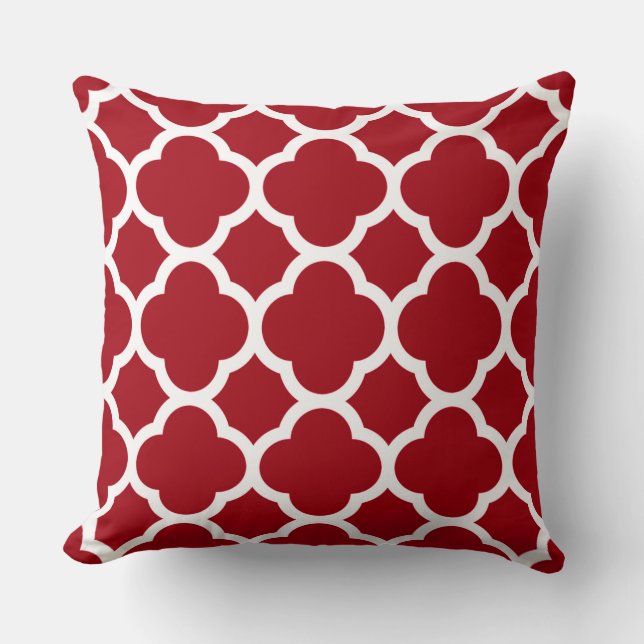 Cranberry Red and White Quatrefoil Pattern Throw Pillow (Front)