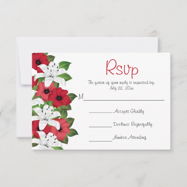 Cranberry Red Flower Lilies - Wedding RSVP Card (Front)