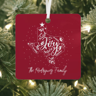 Cranberry Red Joy Holiday Leaves Texas Shape Metal Ornament