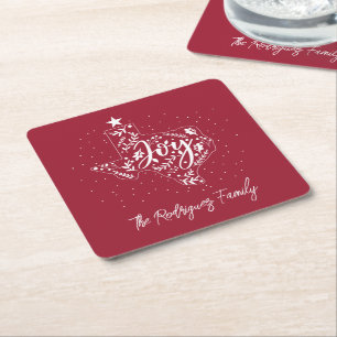 Cranberry Red Joy Holiday Leaves Texas Shape Square Paper Coaster