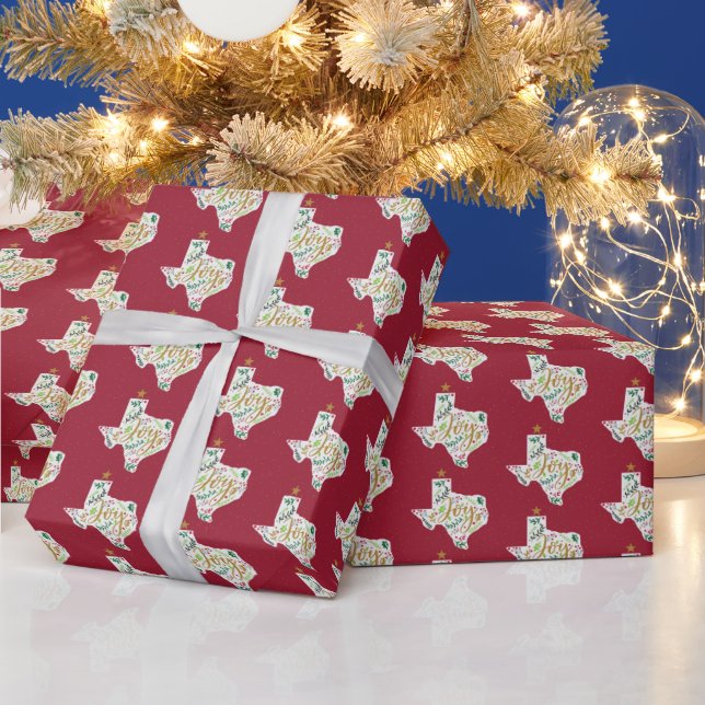 Cranberry Red Joy Holiday Leaves Texas Shape Wrapping Paper (Holidays)