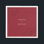 Cranberry Red Modern Edge Elegant Monogram Wedding Napkin<br><div class="desc">A simple modern minimalist design with an elegant edge, this unique wedding napkin design features beautiful calligraphy script monograms of the bride and groom on alternate corners. The bride and groom's names are centred with a clean classic look on a cranberry red background with ivory text. Replace the sample text...</div>