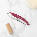 Cranberry Red Personalized Wedding Bridesmaid Corkscrew<br><div class="desc">Trendy cranberry red colour wine corkscrew opener for your wedding bridesmaid along with her name on back and printed in white,  stylized script. Personalize corkscrew by editing and replacing name with your bridesmaid's name. Available in many,  popular bridesmaid wedding colour schemes.</div>