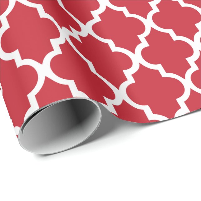 Cranberry Red Quatrefoil Tiles Pattern Wrapping Paper (Roll Corner)