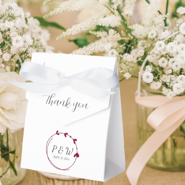 Cranberry Red Simple Heart Wreath Monogram Wedding Favor Box (In Situ Wedding)