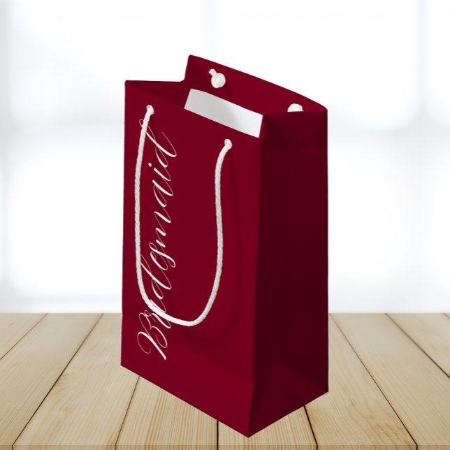 Cranberry Red Stylized  Script Wedding Bridesmaid Small Gift Bag (In Situ)