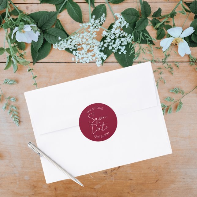 Cranberry Red Stylized Wedding Save the Date Classic Round Sticker (In Situ Wedding)