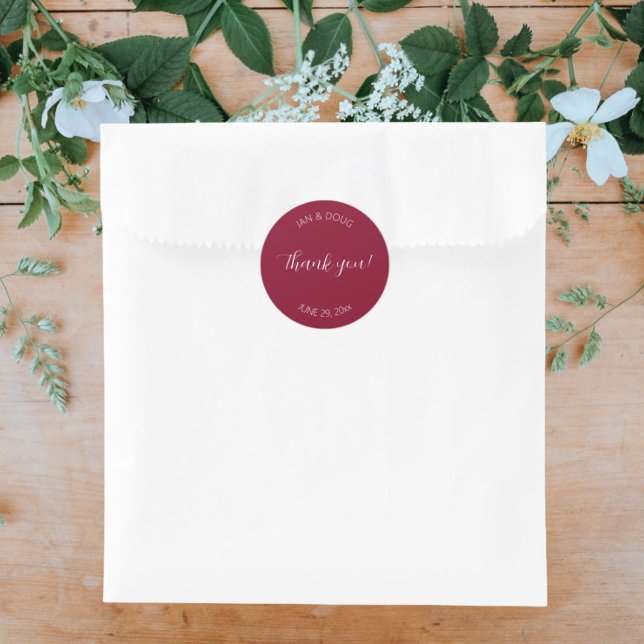 Cranberry Red Stylized Wedding Thank You Classic Round Sticker (In Situ Wedding)