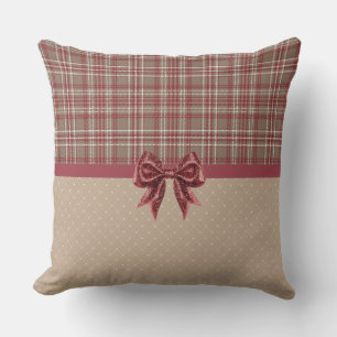 Cranberry Red, White and Tan Plaid Throw Pillow