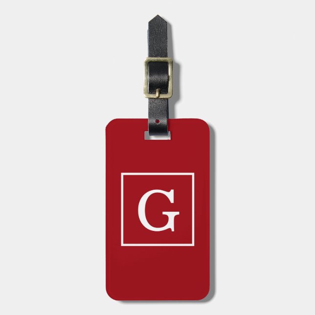 Cranberry Red White Framed Initial Monogram Luggage Tag (Front Vertical)