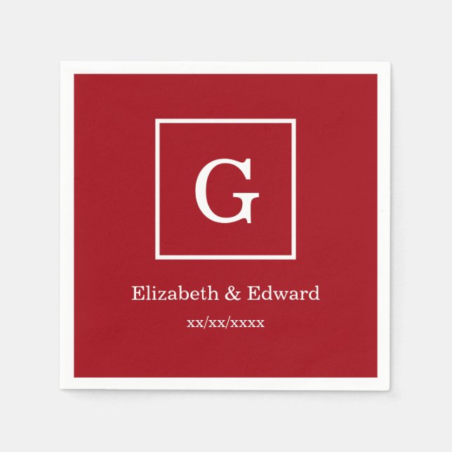 Cranberry Red White Framed Initial Monogram Napkin (Front)