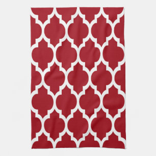 Cranberry Red White Moroccan Quatrefoil Pattern #4 Kitchen Towel