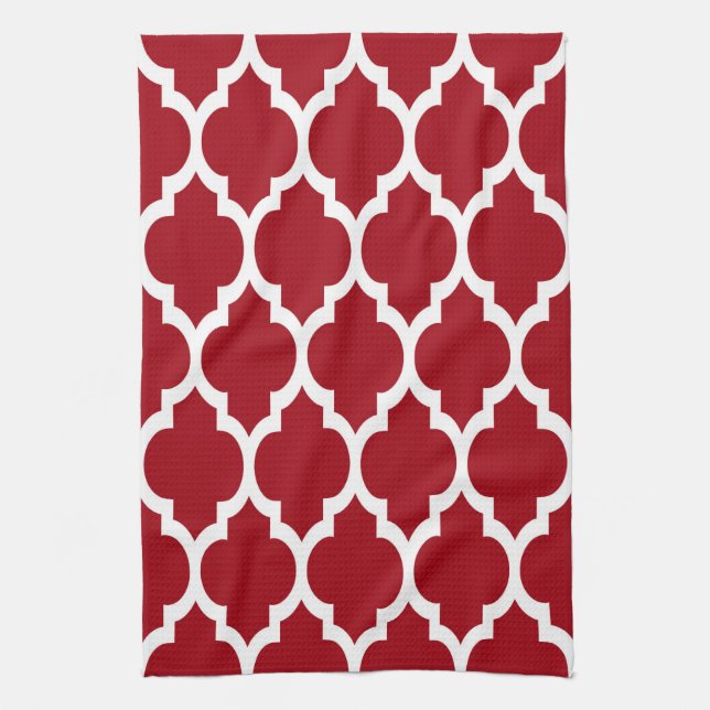 Cranberry Red White Moroccan Quatrefoil Pattern #4 Kitchen Towel (Vertical)
