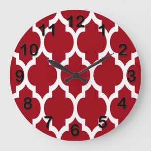 Cranberry Red White Moroccan Quatrefoil Pattern #4 Large Clock