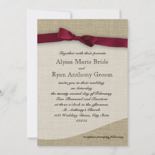 Cranberry Ribbon and Burlap Wedding Invitation