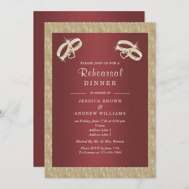 Cranberry, Sparkly Gold Rings Rehearsal Dinner Invitation (Front/Back)