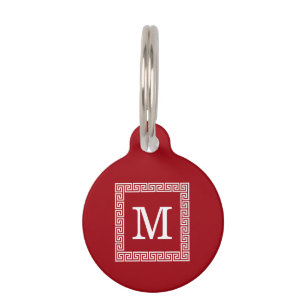 Cranberry Wht Greek Key Frame #1 Initial Monogram Pet Tag