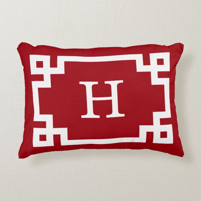 Cranberry Wht Greek Key Frame #2 Initial Monogram Accent Pillow (Front)
