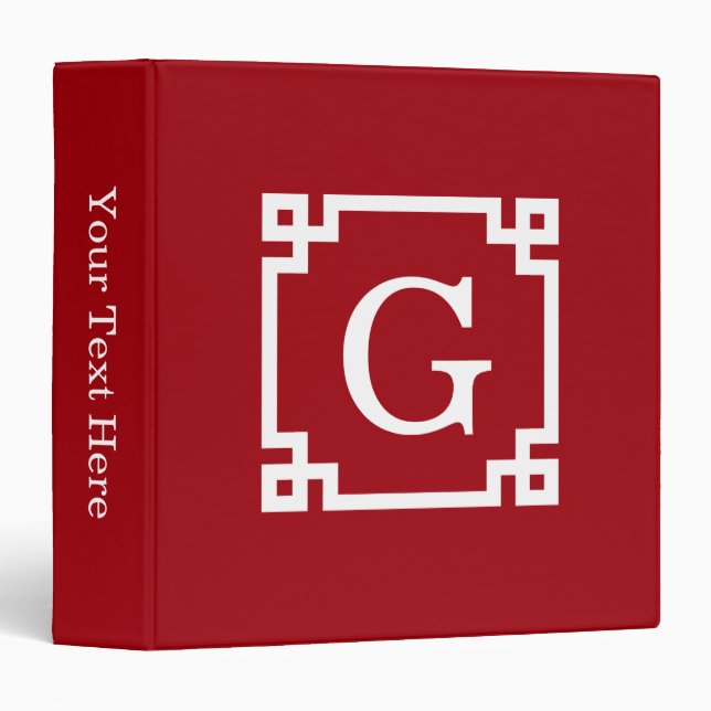 Cranberry Wht Greek Key Frame #2 Initial Monogram Binder (Front/Spine)