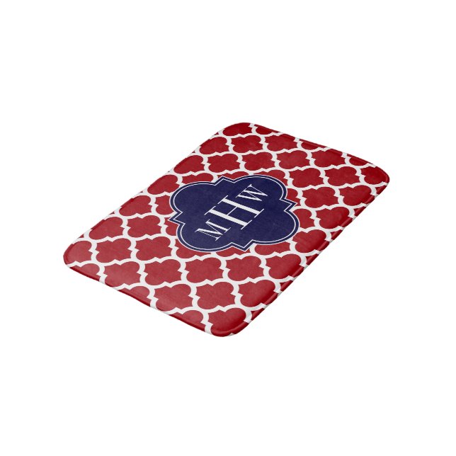 Cranberry Wht Moroccan #5 Navy 3 Initial Monogram Bath Mat (Angled)