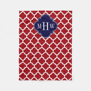 Cranberry Wht Moroccan #5 Navy 3 Initial Monogram Fleece Blanket