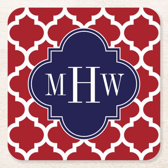 Cranberry Wht Moroccan #5 Navy 3 Initial Monogram Square Paper Coaster (Front)