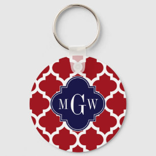 Cranberry Wht Moroccan #5 Navy Blue Name Monogram Keychain