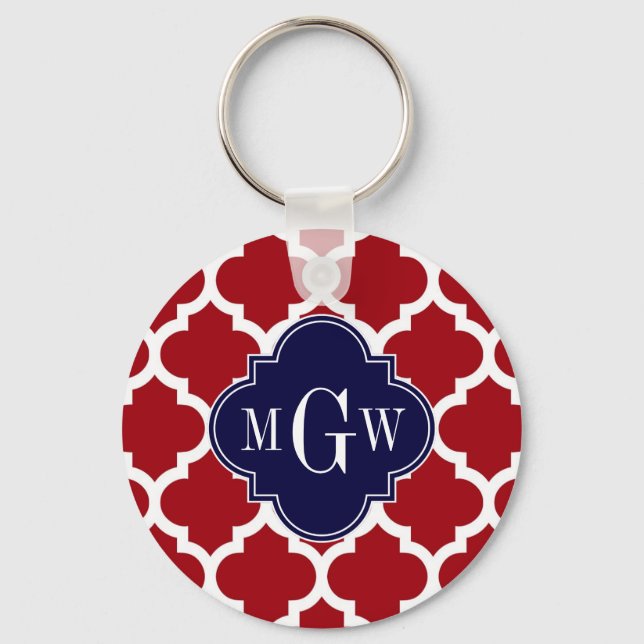 Cranberry Wht Moroccan #5 Navy Blue Name Monogram Keychain (Front)