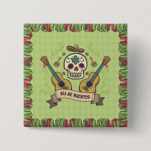 Crâne à sucre et guitares Dia de Muertos   Badge