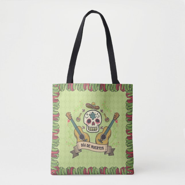 Crâne à sucre et guitares Dia de Muertos | Sac fou (Devant)