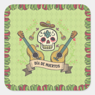 Crâne à sucre et guitares Dia de Muertos   Sticker