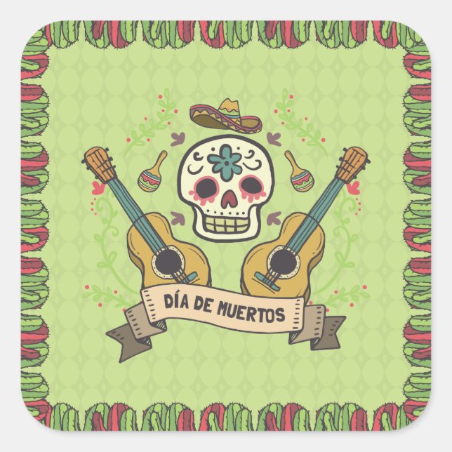 Crâne à sucre et guitares Dia de Muertos | Sticker (Devant)