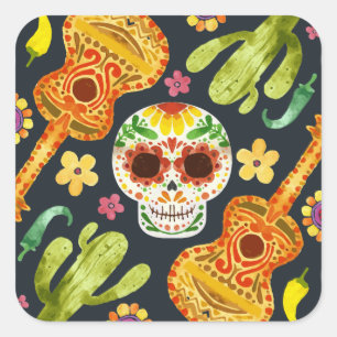 Crâne à sucre et guitares Dia de Muertos   Sticker