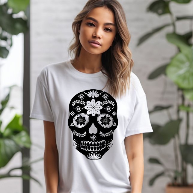 Crâne à sucre mexicain 2 T-shirt noir et blanc (Créateur téléchargé)