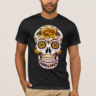 Crâne à sucre rose jaune sur T-shirt noir