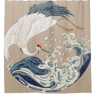 Crane and Japanese wave illustration. Traditional