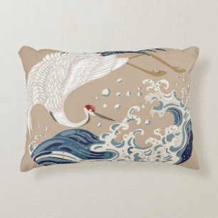 Crane and Japanese wave illustration. Traditional Accent Pillow