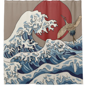 Crane and Japanese wave illustration Traditional C