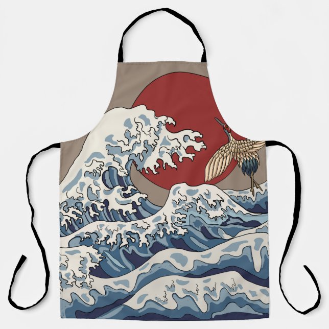 Crane and Japanese wave illustration Traditional C Apron (Front)