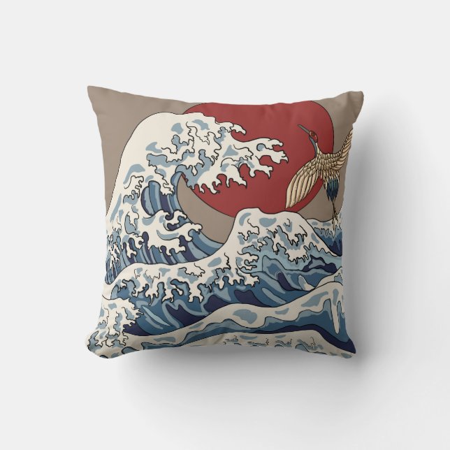 Crane and Japanese wave illustration Traditional C Throw Pillow (Front)