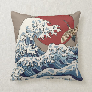 Crane and Japanese wave illustration Traditional C Throw Pillow