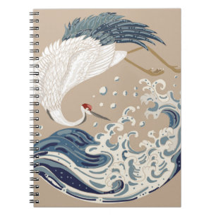 Crane and Japanese wave illustration. Traditional  Notebook