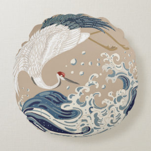 Crane and Japanese wave illustration. Traditional  Round Pillow