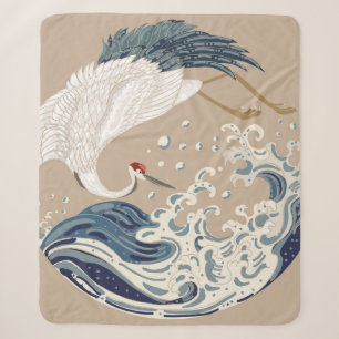 Crane and Japanese wave illustration. Traditional Sherpa Blanket