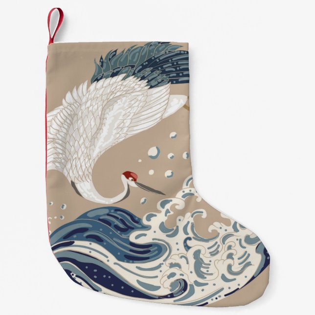 Crane and Japanese wave illustration. Traditional  Small Christmas Stocking (Front)