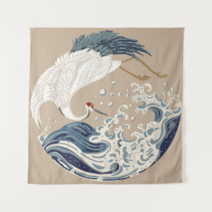 Crane and Japanese wave illustration. Traditional  Tapestry