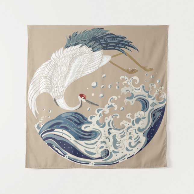 Crane and Japanese wave illustration. Traditional  Tapestry (Front)