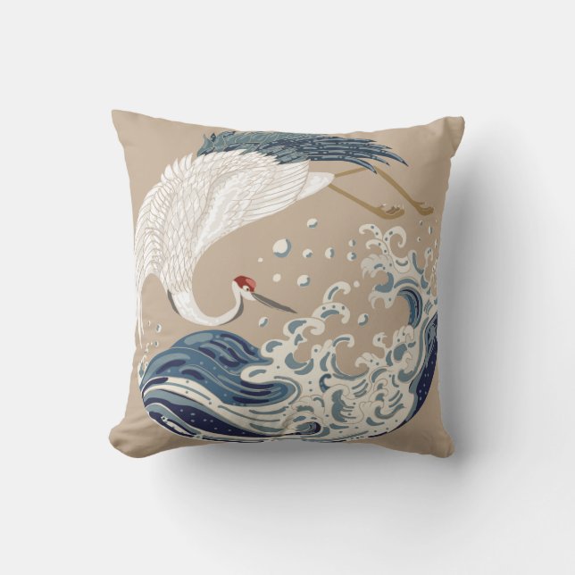 Crane and Japanese wave illustration. Traditional  Throw Pillow (Front)